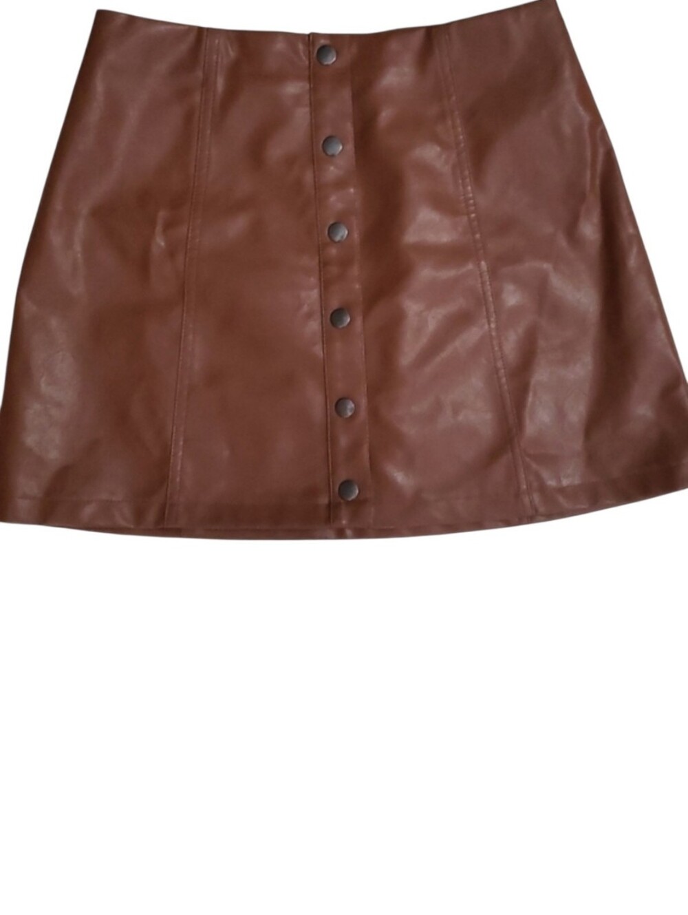 Forever 21, brown pleather mini skirt.  Front metal button closer, size medium